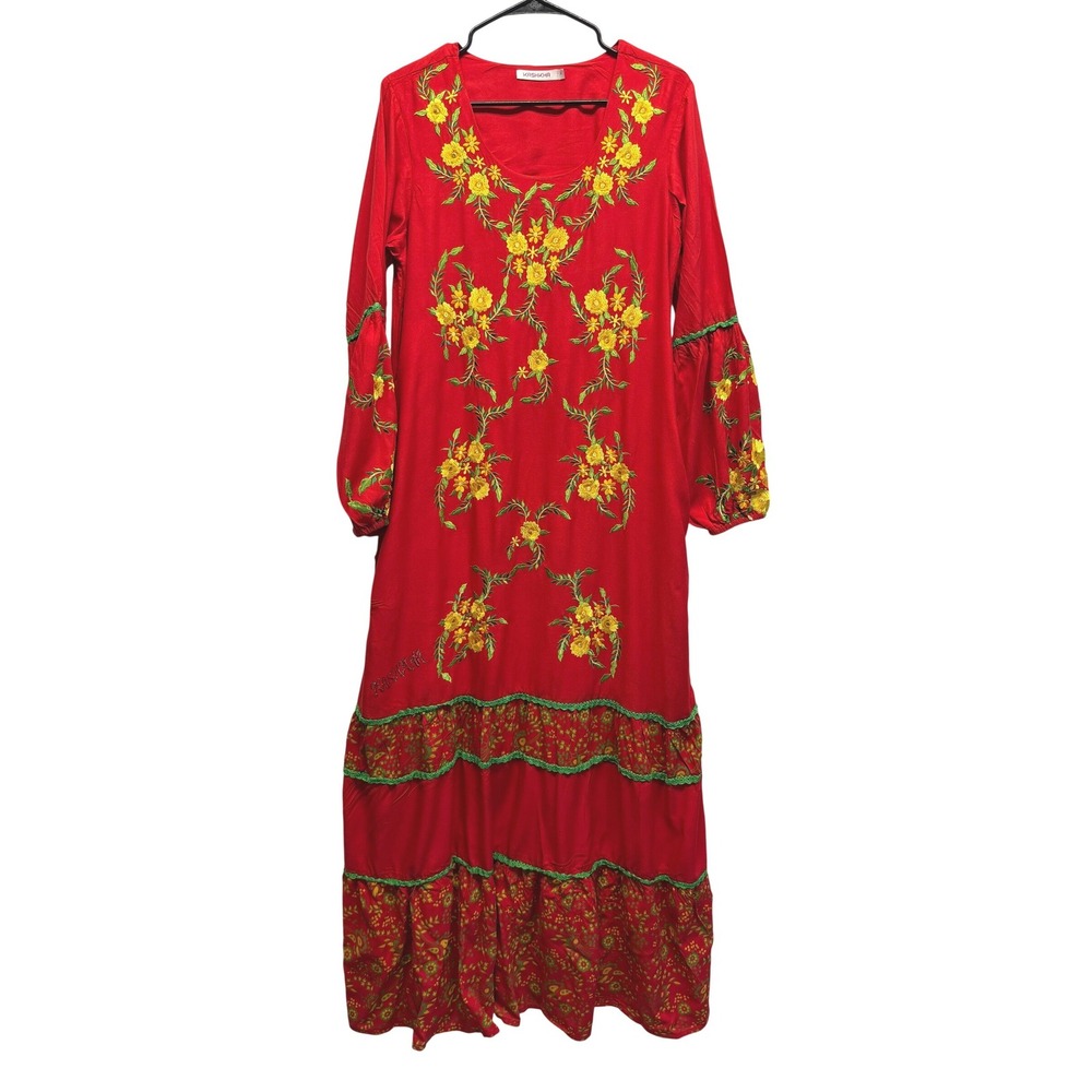 Kashkha Red Floral Embroidered Boho Maxi Dress Long Balloon Sleeve Womens Small